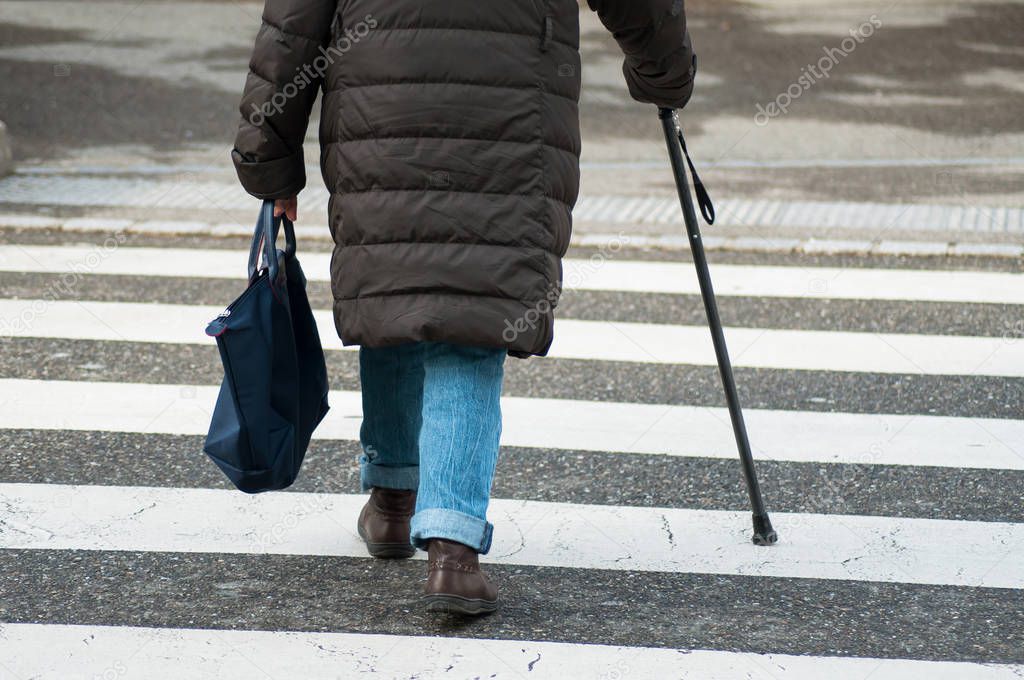 closeup of aged woman walking with stick in the street on zebra on back view 