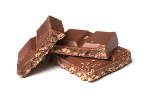 Nahaufnahme Von Milchpuffreis Schokoladenblöcken Auf Weißem Hintergrund — Stockfoto