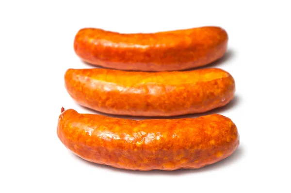 Nahaufnahme Von Geräucherter Wurst Auf Weißem Hintergrund — Stockfoto