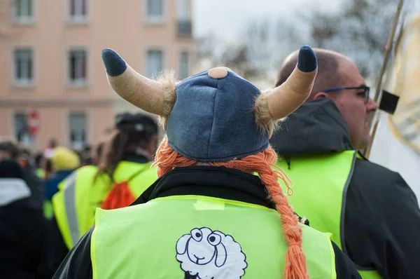 ミュルーズ フランス 2019 バイキングの帽子税金と燃料価格の高騰に対してと マカロン フランス共和国の大統領の辞任を抗議しています — ストック写真