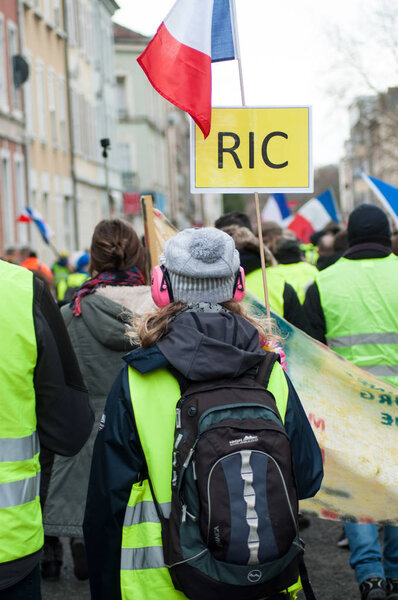Mulhouse - France - 8 February 2019 - people protesting in the street against taxes and rising fuel prices and the RIC, the citizens' initiative referendum