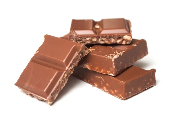 Närbild Mjölk Svälld Ris Choklad Block Vit Bakgrund — Stockfoto