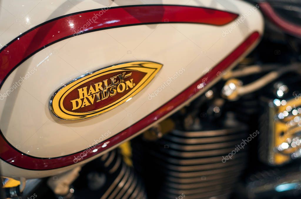 Mulhouse - France - 23 February 2019 - closeup of red and beige Harley davidson tank on motorbike