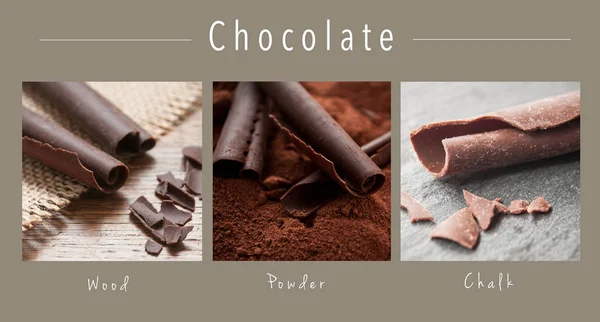 Крупним планом шоколад колаж з текстом: Деревина, порошок і Чаль — стокове фото