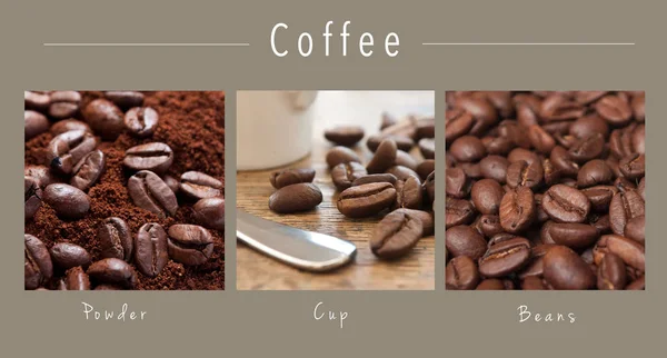 Closeup of coffee beans  - collage with text : Powder, Cup and B — Stock Photo, Image