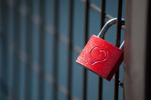 Closeup of love padlock on metallic fence — Stock Photo, Image