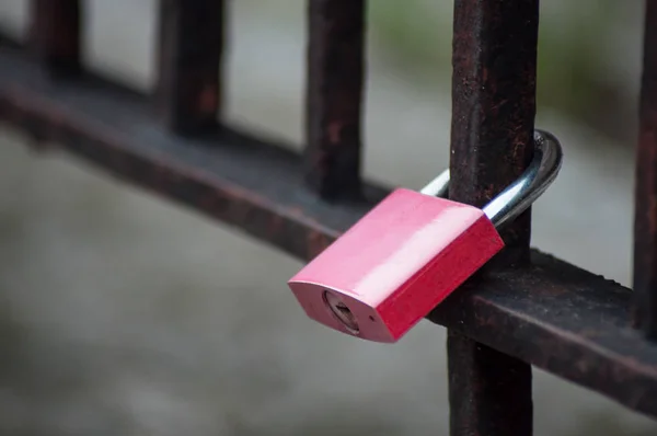 Closeup of pink padlock  on metallic grid in the city — Stock Photo, Image