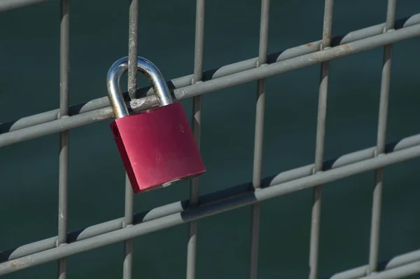 Closeup of red padlock on metallic grid — Stock Photo, Image