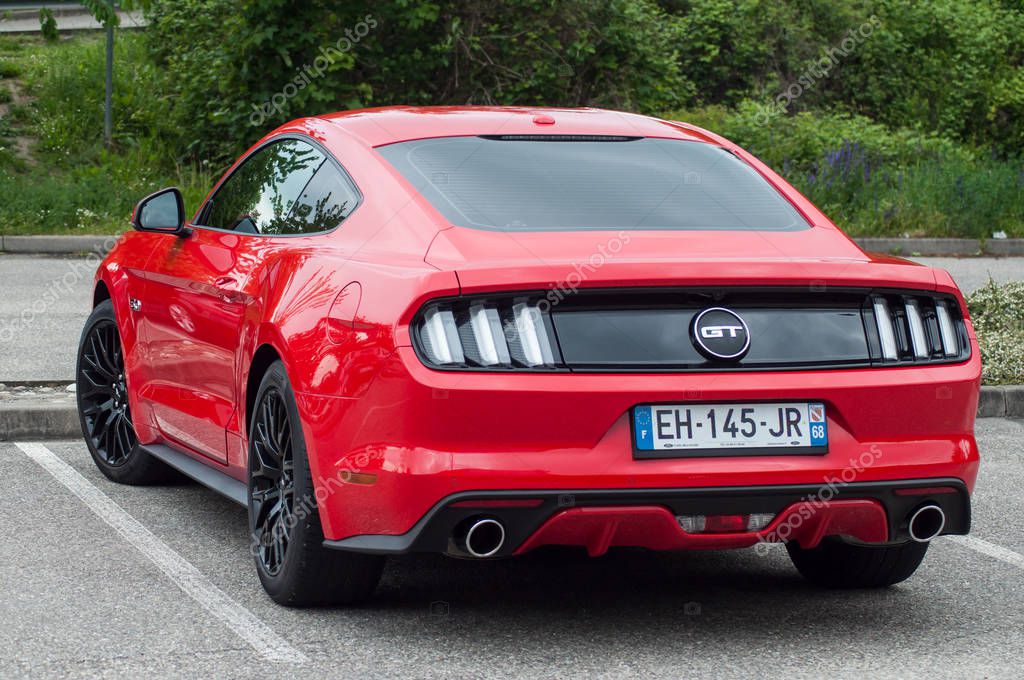 Mulhouse - France - 12 May 2019 - red Ford Mustang V8 GT parked in the street