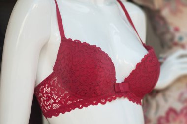 manken moda kırmızı sutyen closeup showroom mağaza 