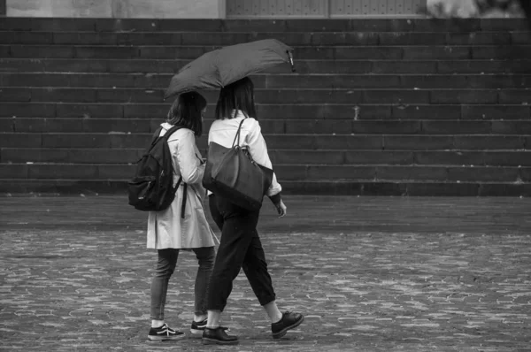 Retrato de meninas andando com guarda-chuva no lugar de paralelepípedos na cidade — Fotografia de Stock