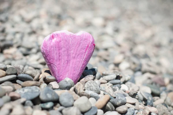 Closeup růžového obrazu na kamenném oblázek ve tvaru srdce — Stock fotografie