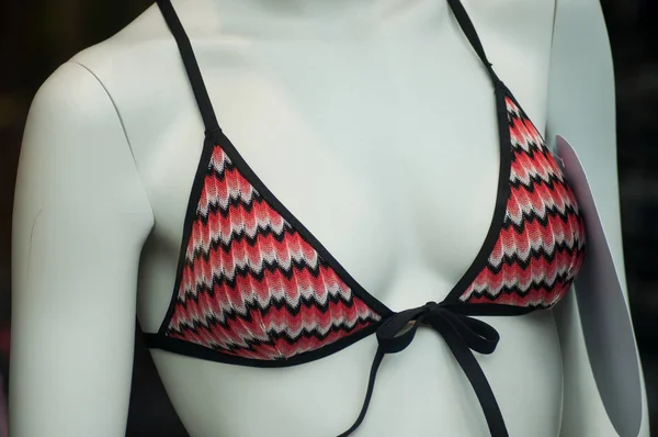 Vértes a vörös nyomtatott bikini a manöken a divatház — Stock Fotó