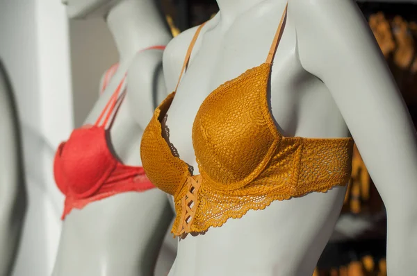 Closeup of colorful bra on mannequin in a fashion store — Stock Photo, Image