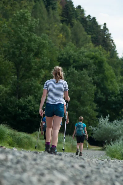 Family  of trekkers walking with backpack in border lake on back view — Stock Photo, Image