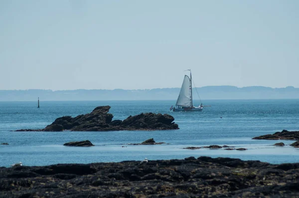 Sailboat in atlantic ocean in wild coast in Quiberon in french britain — Stock Photo, Image