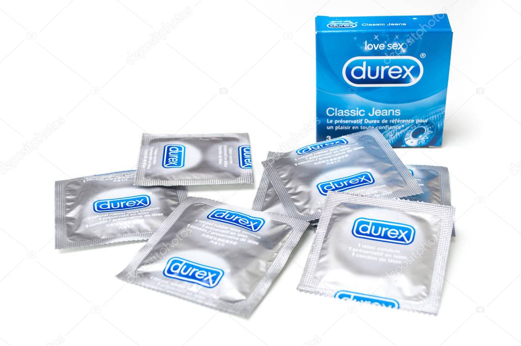 Mulhouse - France - 17 September 2019 - Closeup of Durex condoms on white background