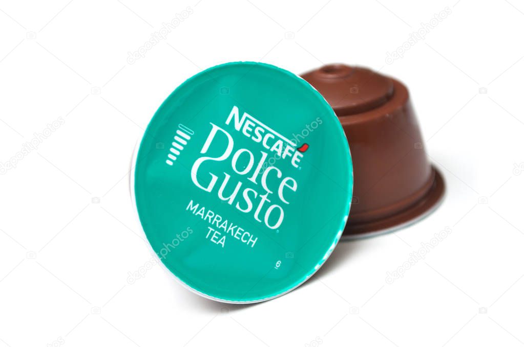 Mulhouse - France - 18 September 2019 - Closeup of Nescafe tea capsules, the famous french brand of coffee dose on white background