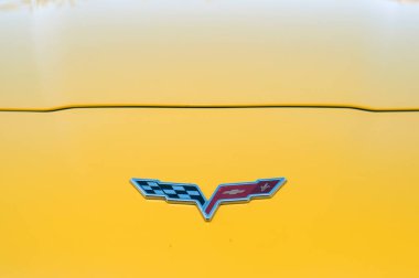 Caddeye park edilmiş sarı spor arabanın üzerindeki Chevrolet Corvette logosu.