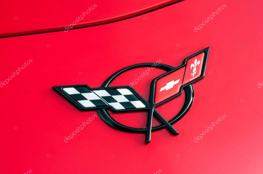Mulhouse - France - 13 October 2019 - Closeup of logo on red Chevrolet Corvette front parked in the street