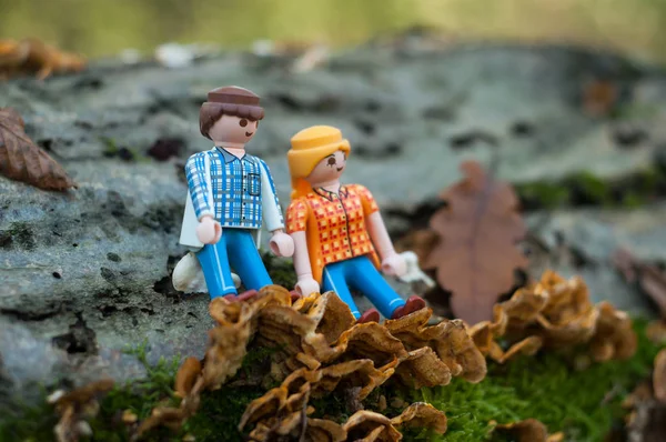 Detailní záběr figurek Playmobilu pózujících na kmeni stromu v lese — Stock fotografie