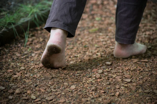 Closeup Dirty Barefoot Woman Walking Nature — Stock Photo, Image