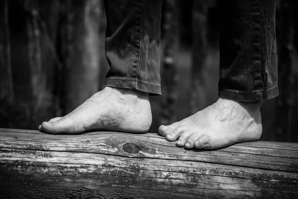 Closeup Barefoot Woman Walking Tree Trunk Nature — Stock Photo, Image