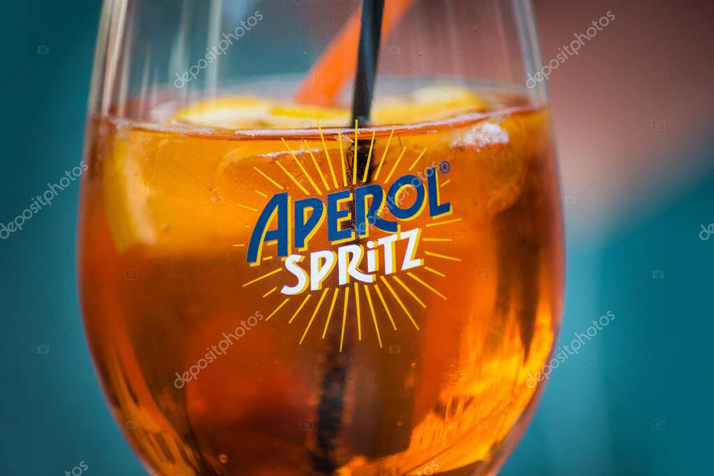 Mulhouse - France - 18 July 2020 - Closeup of Glass of aperol Spritz at the bar terrace