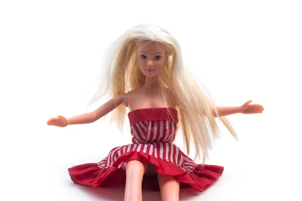 Mulhouse Francie Červenec 2020 Portrét Panenky Barbie Sedí Červenými Šaty — Stock fotografie