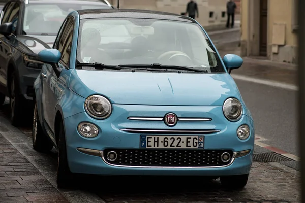 Mulhouse France August 2020 Front View Blue Fiat 500 Parked — Stock Photo, Image