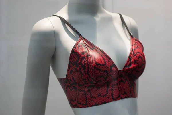 Closeup Red Leather Bra Mannequin Fashion Store Showroom — Stock Photo, Image