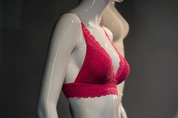 closeup of pink bra on mannequin in fashion store showroom for women
