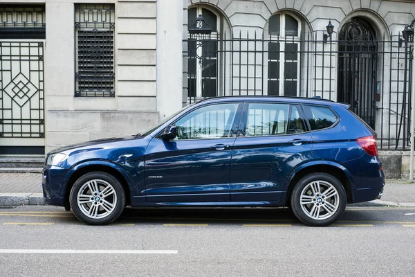 Mulhouse France September 2020 Profile View Blue Bmw Parked Street — 스톡 사진