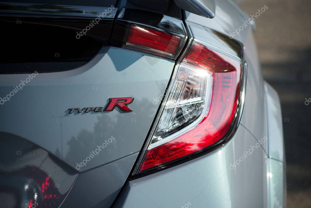 Mulhouse - France - 13 September 2020 - Closeup of grey Honda Civic R parked in the street , Honda is a Japanese brand multinational company which currently produces automotive