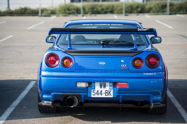 Mulhouse France September 2020 Rear View Blue Nissan Skyline Parked — Stock Photo, Image