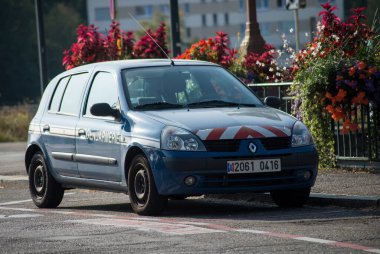 Mulhouse - France - 21 September 2020 - View of blue French gendarmerie car parked in the street clipart