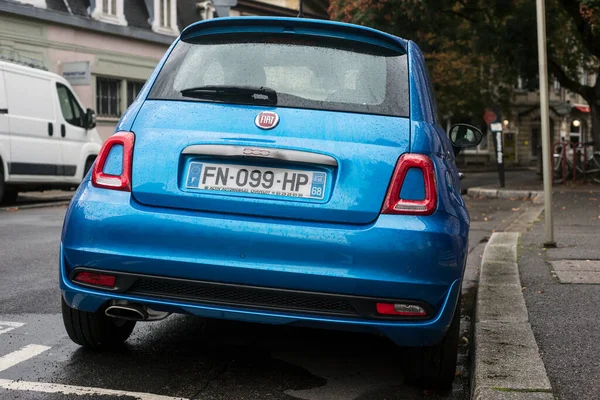 Mulhouse France September 2020 Rear View Blue Fiat 500 Parked — 图库照片