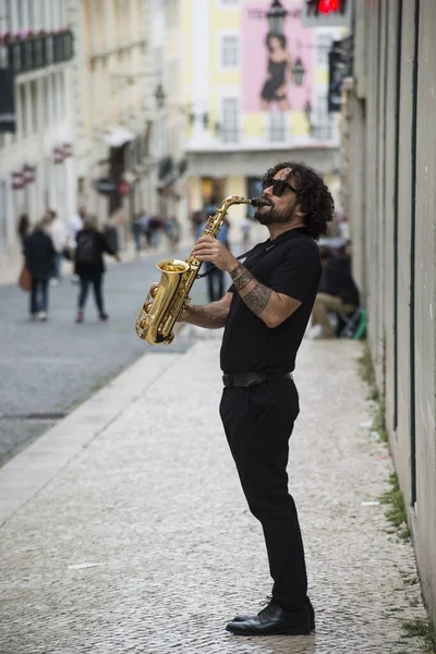 Lisbon Portugal October 2020 Portrait Saxophonist Playing Street — Stock Photo, Image