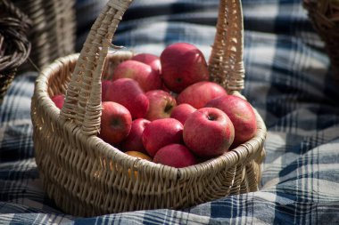 Mavi peçeteli ahşap bir sepette organik kırmızı elmanın yakın çekimi.