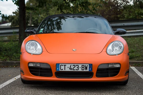 Mulhouse France October 2020 Front View Orange Porsche Parked Street — Stock Photo, Image