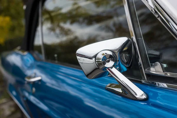 Closeup Chromed Mirror Blue Vintage Car Parked Street — Stock Photo, Image