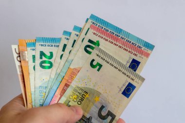 Beyaz arka planda bir tomar para var. Beyaz arka planda Avro faturaları