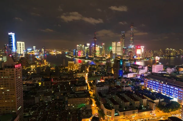 Shanghai Stadt Der Nacht China Asien Luftbild Drohne — Stockfoto