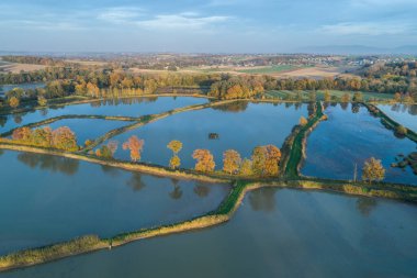 Balık üreme göletleri, Bielsko Biala 'daki balık havuzu Beskid Dağları Polonya Hava Aracı fotoğrafı