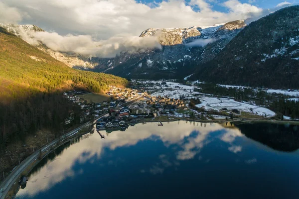 Foto Drone Aereo Del Lago Obertraun Hallstatt Salzkammergut Austria — Foto Stock