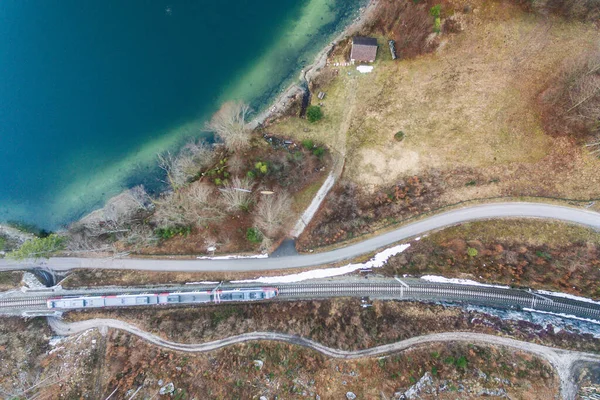 Aerial drone photo view of Obertraun Lake Hallstatt in Salzkammergut, Austria