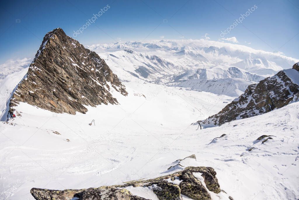 Les Sybelles mountains in winter skiing area in the French Alps Europe