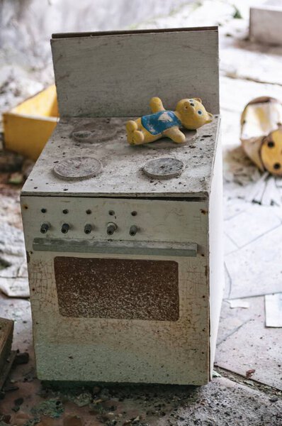 Toys and cots, Kindergarten in Prypiat, Chernobyl exclusion Zone. Chernobyl Nuclear Power Plant Zone of Alienation in Ukraine  Soviet Union