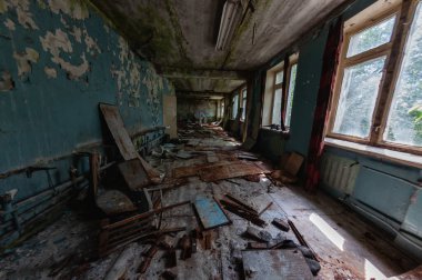 Pripyat 'taki Jüpiter Fabrikası, Çernobil Yasaklama Bölgesi. Ukrayna Sovyetler Birliği 'nde Çernobil Nükleer Santrali Yabancılaşma Bölgesi
