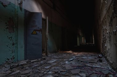 Pripyat 'taki Jüpiter Fabrikası, Çernobil Yasaklama Bölgesi. Ukrayna Sovyetler Birliği 'nde Çernobil Nükleer Santrali Yabancılaşma Bölgesi